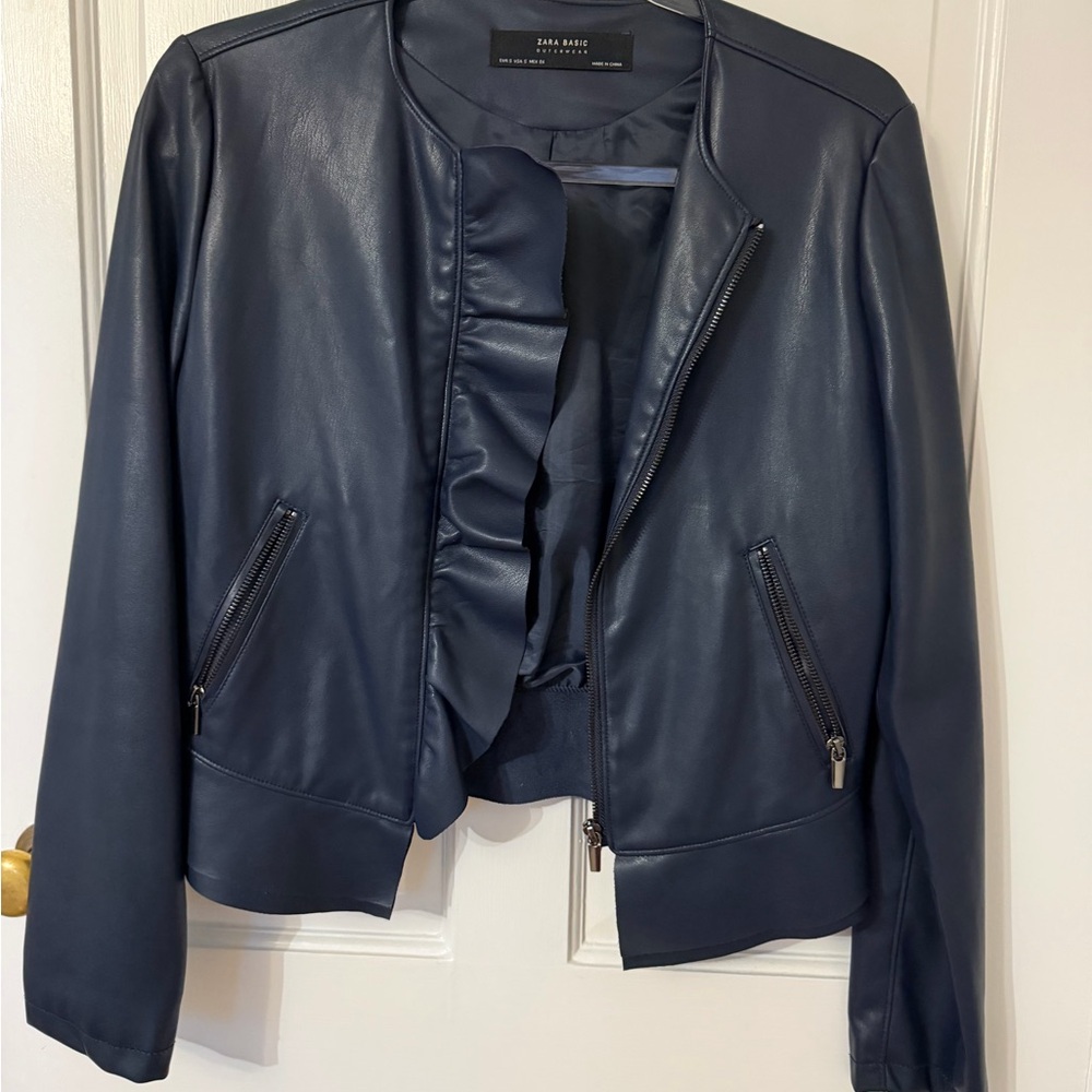 Zara Navy Leather Jacket with Ruffle Detail